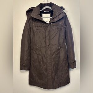Aritzia TNA Verbier Brown Parka Coat Small No Faux Fur Hood Cold Weather Ski